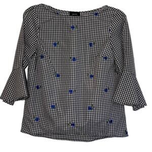 Alyx Blouse Top Black White Blue Floral Check 3/4 Bell Sleeves Blouse Medium NEW